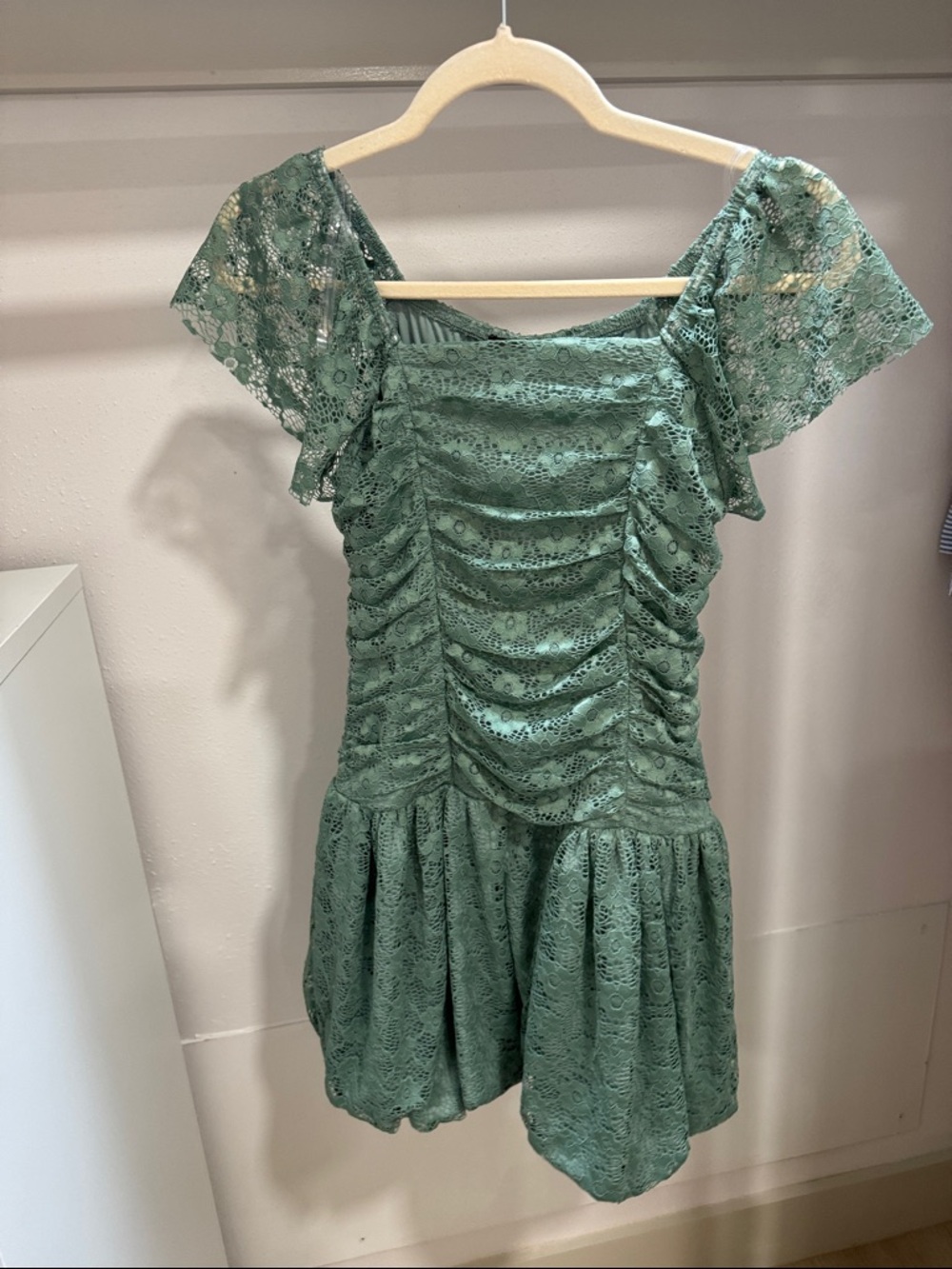 Xtraordinary Seafoam Lace Ruching Flutter Sleeve Girls' Formal Dress
